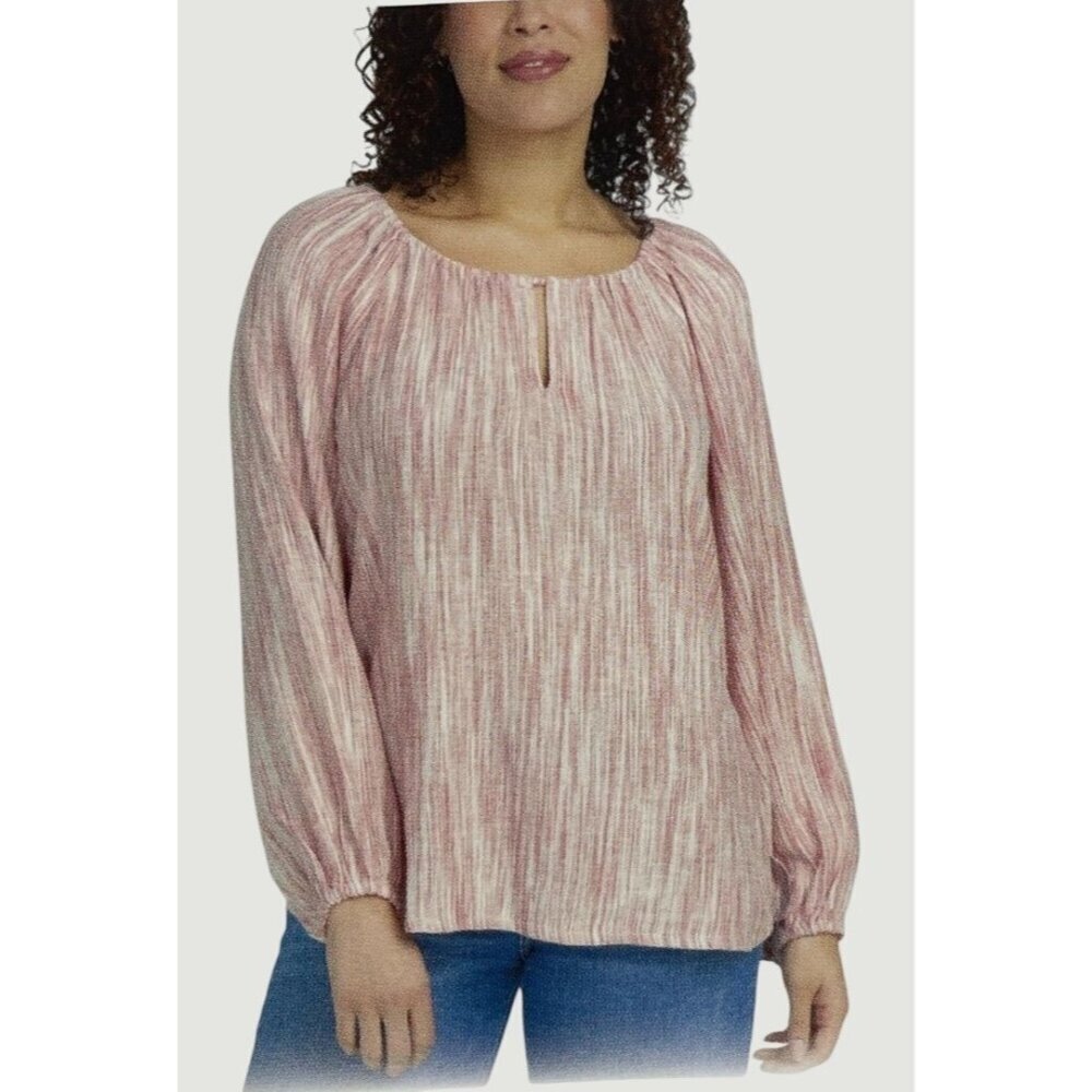 Boston Traders Linen Blend Women's L Red Striped Long Sleeve  Blouse M0489